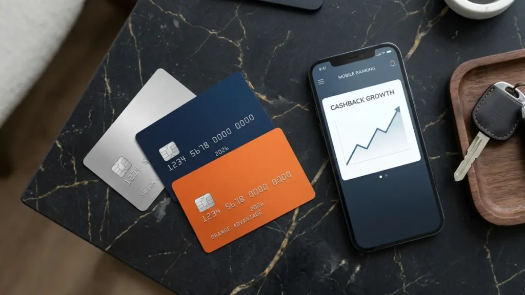 A premium flat-lay of the fanned-out best no annual fee credit cards (silver, navy, orange) with non-functional numbers, resting on dark marble next to a smartphone showing cashback growth and car keys for modern vehicle in 2026.
