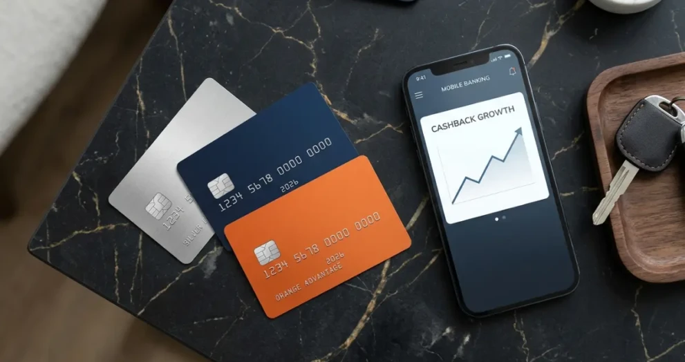 A premium flat-lay of the fanned-out best no annual fee credit cards (silver, navy, orange) with non-functional numbers, resting on dark marble next to a smartphone showing cashback growth and car keys for modern vehicle in 2026.