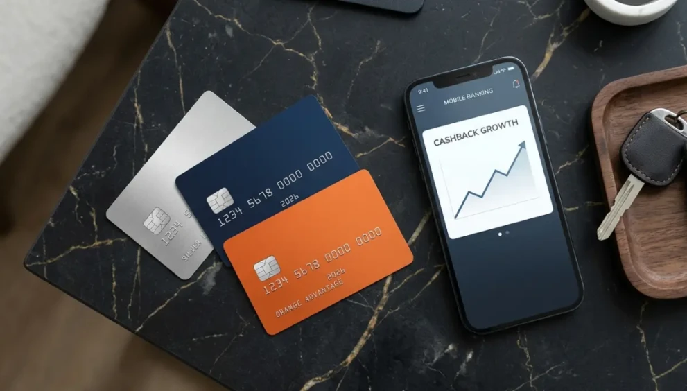 A premium flat-lay of the fanned-out best no annual fee credit cards (silver, navy, orange) with non-functional numbers, resting on dark marble next to a smartphone showing cashback growth and car keys for modern vehicle in 2026.