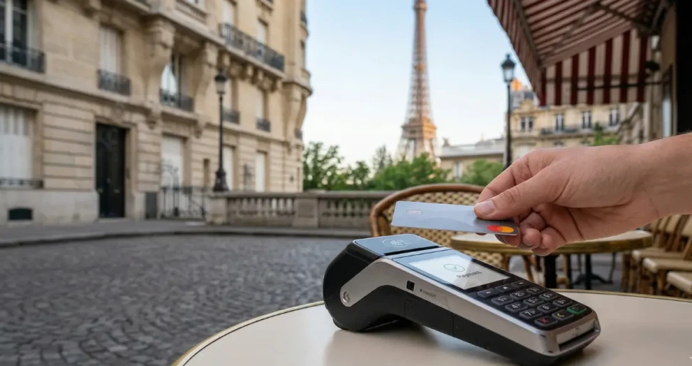 Using a no foreign transaction fee credit card for a purchase at an international cafe in 2026.