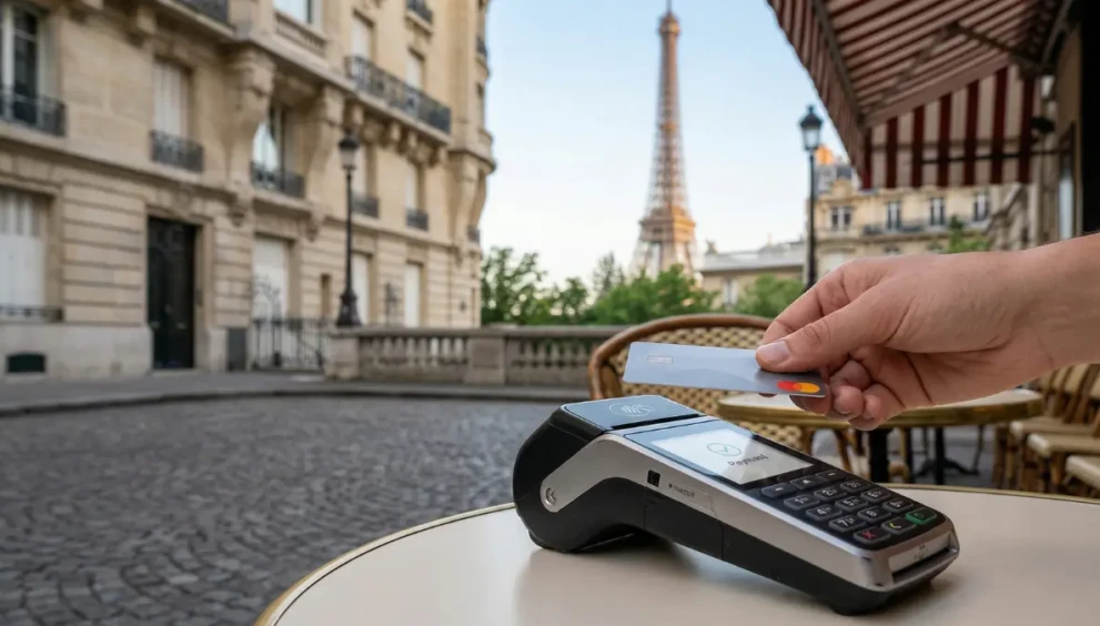 Using a no foreign transaction fee credit card for a purchase at an international cafe in 2026.