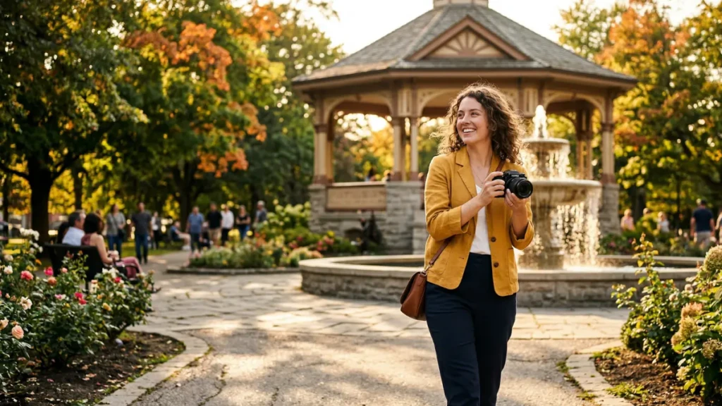 A candid lifestyle photograph of a woman exploring scenic Gagé Park in Brampton, Ontario, during golden hour, looking at some of the best places to visit and spots to explore in the city.