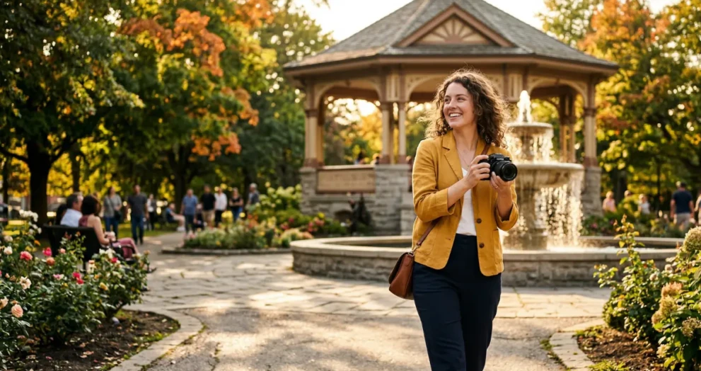 A candid lifestyle photograph of a woman exploring scenic Gagé Park in Brampton, Ontario, during golden hour, looking at some of the best places to visit and spots to explore in the city.