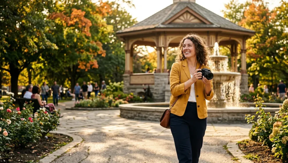 A candid lifestyle photograph of a woman exploring scenic Gagé Park in Brampton, Ontario, during golden hour, looking at some of the best places to visit and spots to explore in the city.