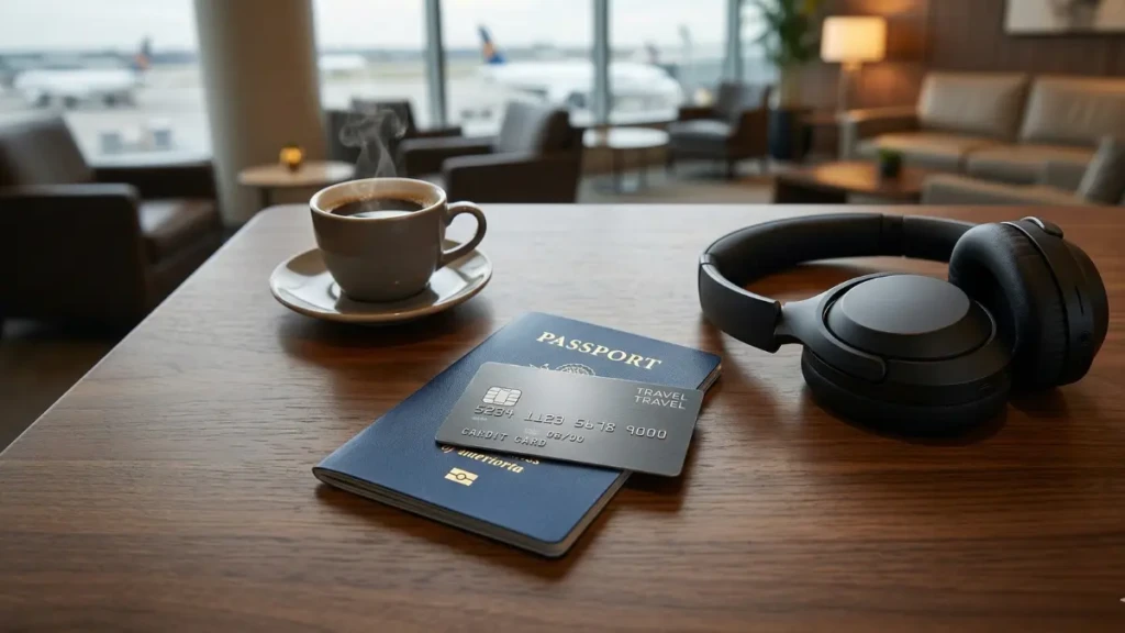 A top-down, slightly angled flat-lay photograph on a wooden table in an airport lounge, featuring a premium metal travel credit card (implicitly 'best') resting on a generic international passport, next to luxury noise-canceling headphones and a steaming cup of coffee.