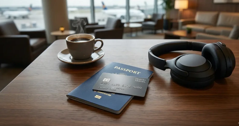 A top-down, slightly angled flat-lay photograph on a wooden table in an airport lounge, featuring a premium metal travel credit card (implicitly 'best') resting on a generic international passport, next to luxury noise-canceling headphones and a steaming cup of coffee.