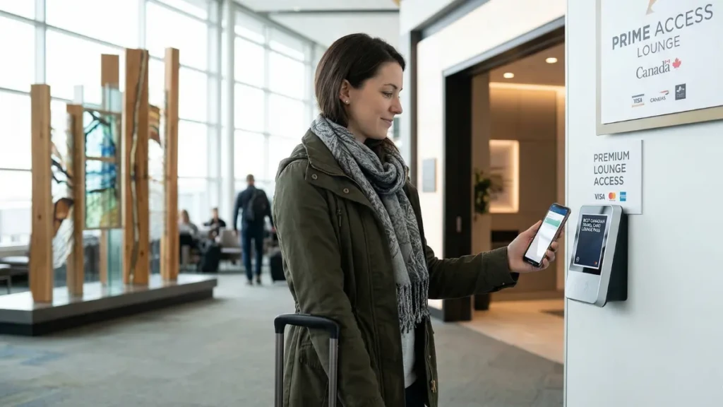 A traveler using a premium Canadian travel credit card for lounge access at Vancouver International Airport.