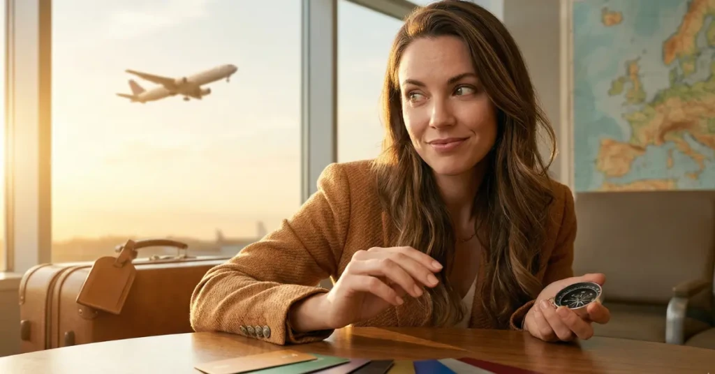 A close-up of a hand holding a sleek, minimalist black travel credit card against a blurred background of an airport terminal, representing 2026's best underrated travel credit cards.
