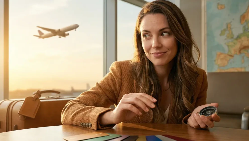 A close-up of a hand holding a sleek, minimalist black travel credit card against a blurred background of an airport terminal, representing 2026's best underrated travel credit cards.