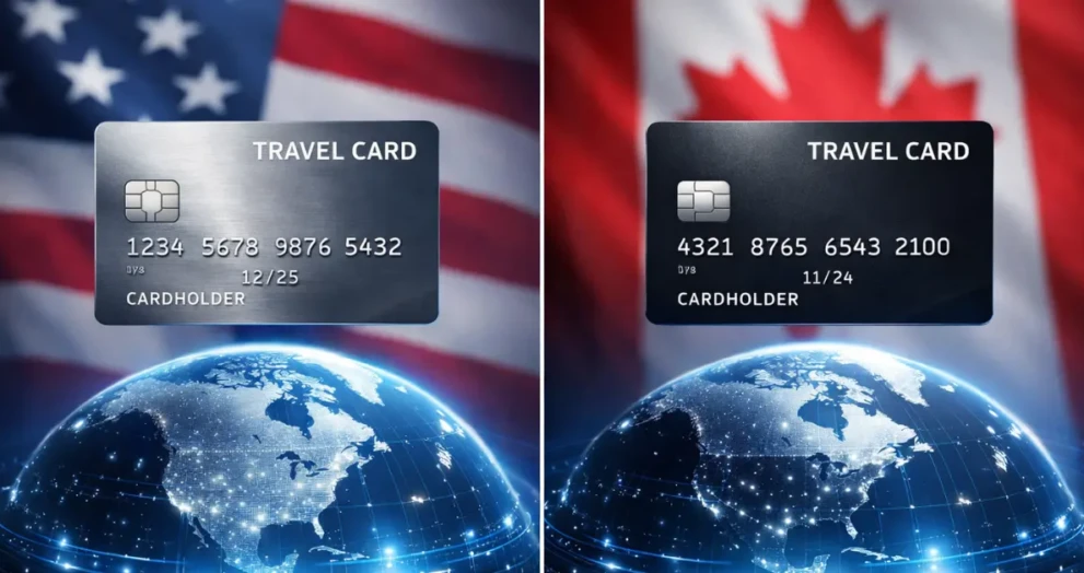 Comparison of the best US and Canadian credit cards with no foreign transaction fees hovering over a world map