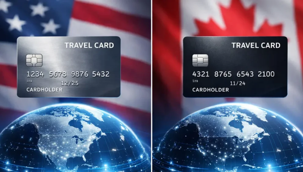 Comparison of the best US and Canadian credit cards with no foreign transaction fees hovering over a world map