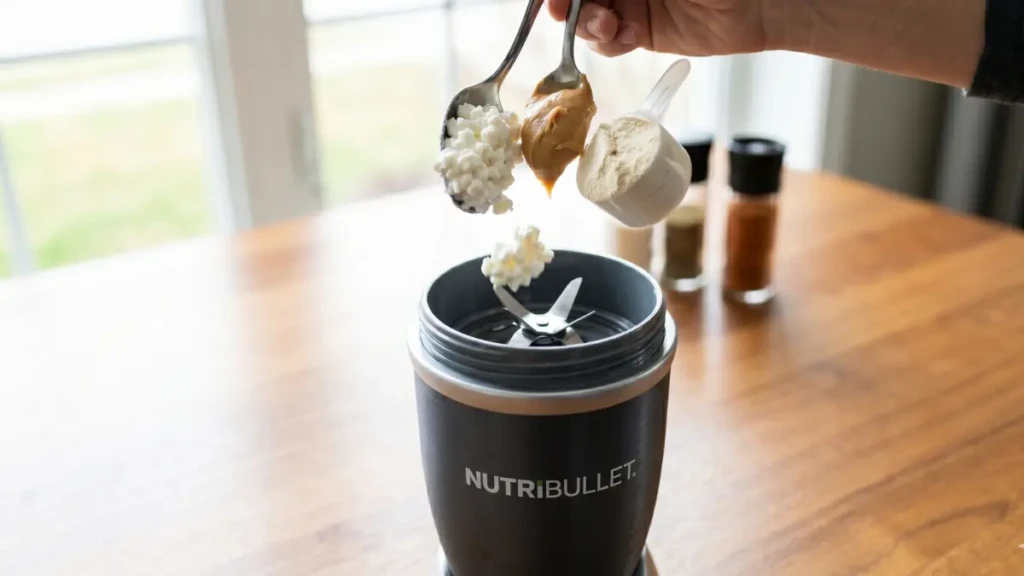 Blending cottage cheese and whey protein to create a fast, zero-prep breakfast.