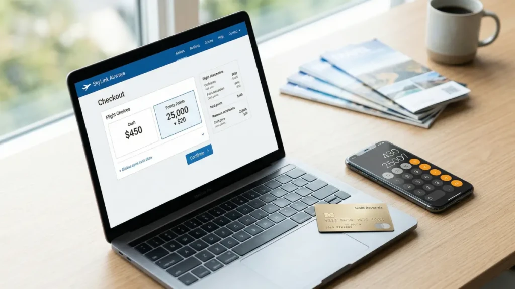 A laptop showing airline ticket prices next to a smartphone calculator, depicting the math of points vs cash travel.