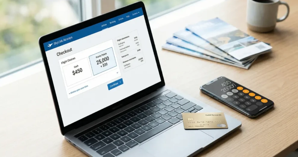A laptop showing airline ticket prices next to a smartphone calculator, depicting the math of points vs cash travel.