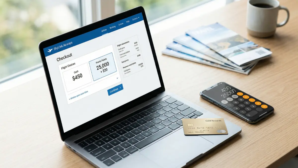A laptop showing airline ticket prices next to a smartphone calculator, depicting the math of points vs cash travel.