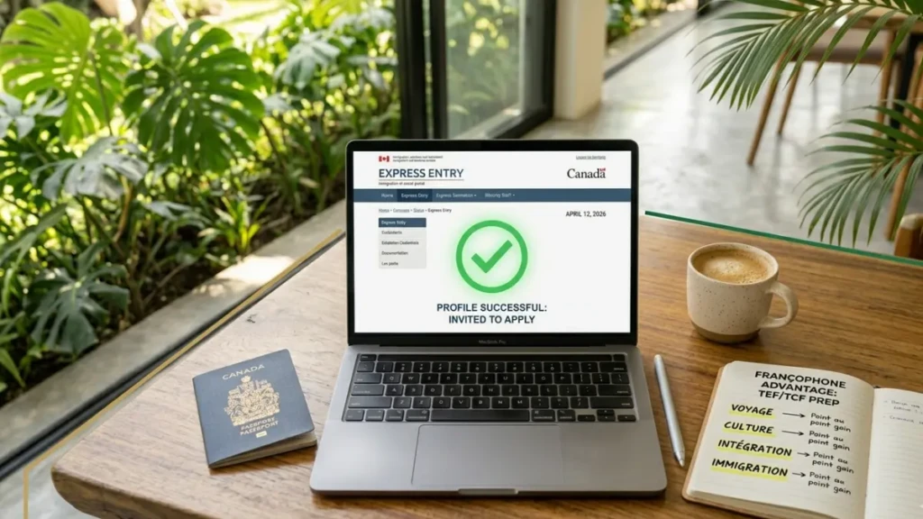 A laptop showing a successful Express Entry profile next to French study materials, representing the Francophone immigration advantage.