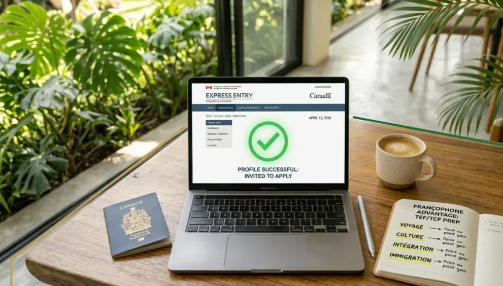 A laptop showing a successful Express Entry profile next to French study materials, representing the Francophone immigration advantage.