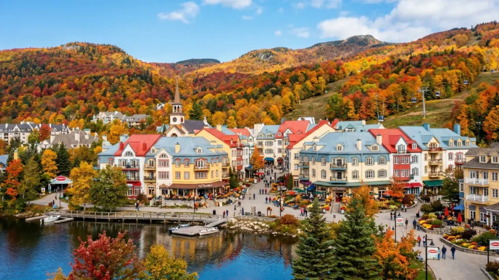 Mont Tremblant Quebec colorful small town with mountains and fall foliage Canada