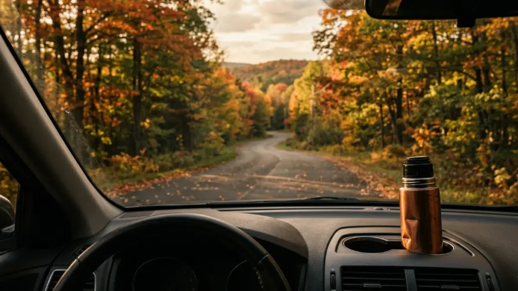 View from a car driving on a scenic Ontario country road, representing a budget weekend getaway from Toronto.