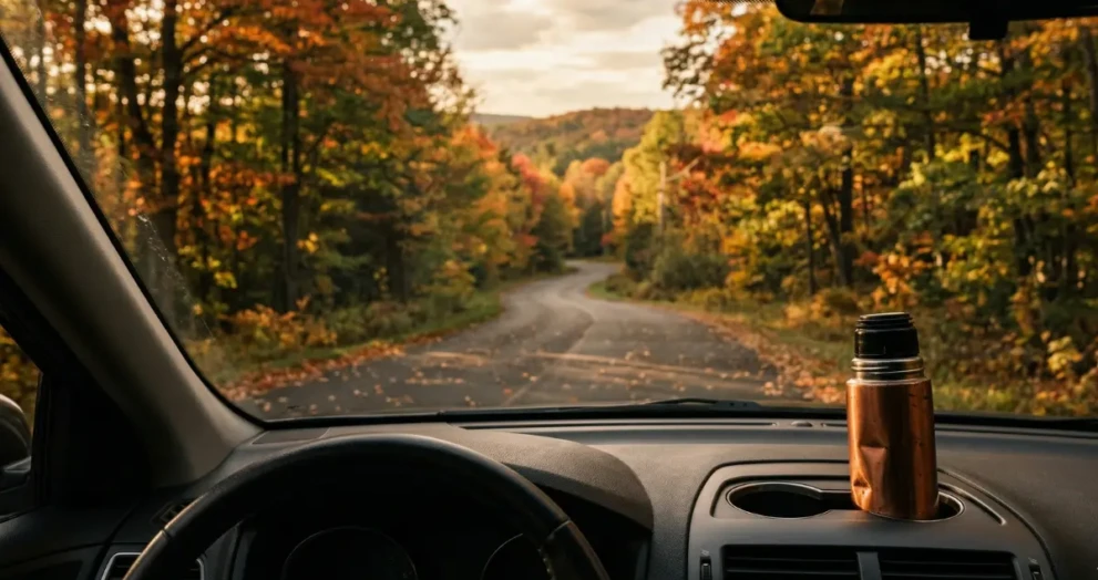 View from a car driving on a scenic Ontario country road, representing a budget weekend getaway from Toronto.