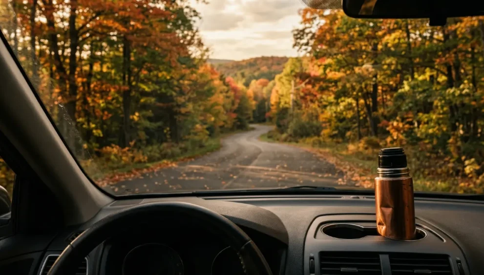 View from a car driving on a scenic Ontario country road, representing a budget weekend getaway from Toronto.