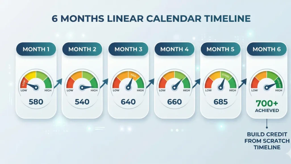 A 6-month timeline showing how to build a 700+ credit score from scratch.