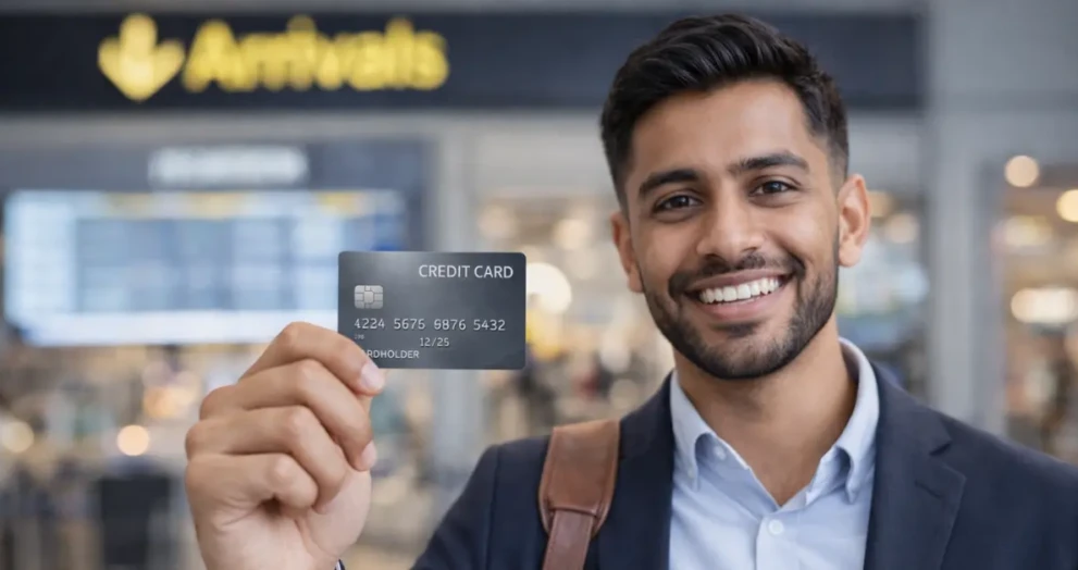 A new immigrant smiling and holding their first credit card to start building credit from scratch.