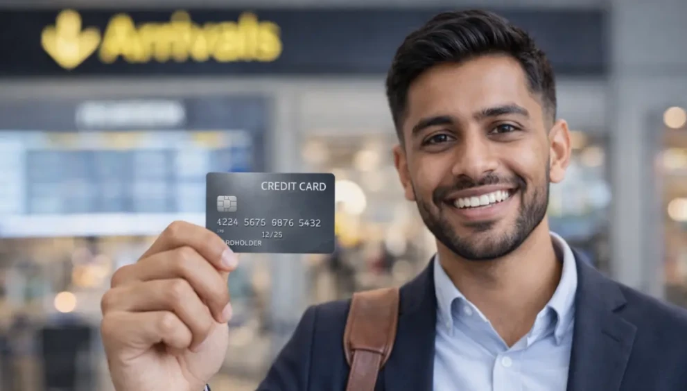 A new immigrant smiling and holding their first credit card to start building credit from scratch.