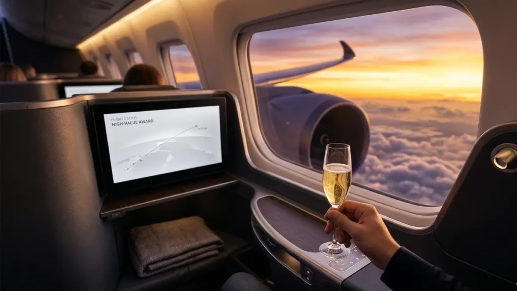 Passenger enjoying a luxury business class flight booked with high-value travel reward points.