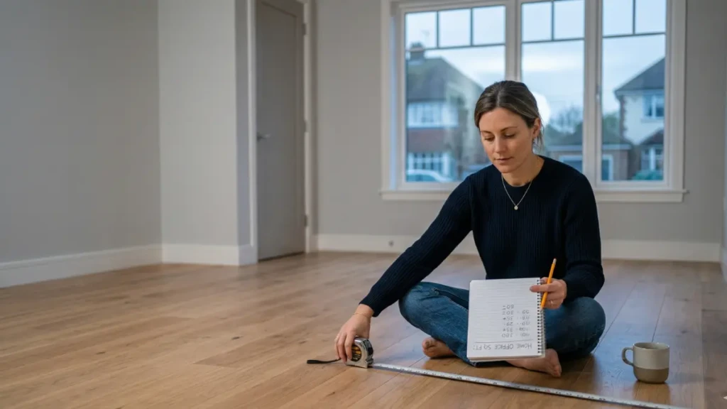 A remote worker using a tape measure to calculate the square footage of their home office for IRS and CRA tax deductions.