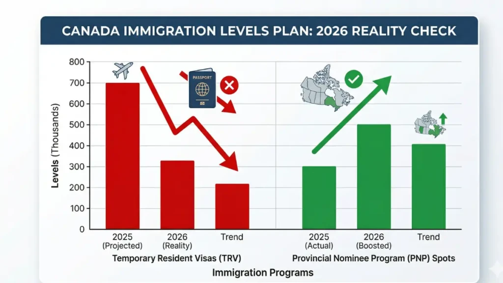 Graph showing the 2026 Canadian immigration shift from temporary visas toward the Provincial Nominee Program.