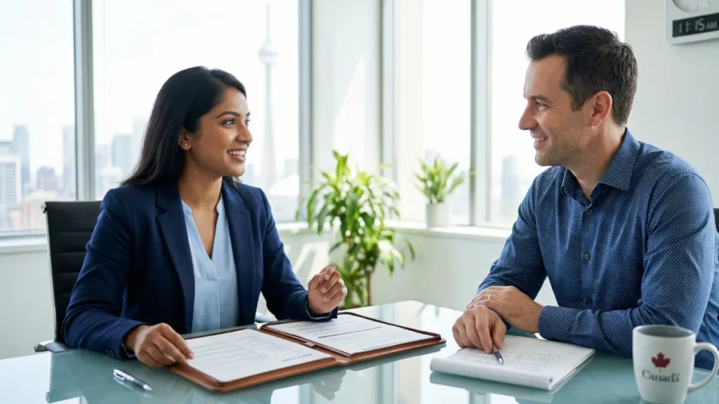 A confident candidate answering Canadian job interview questions in a modern office setting.