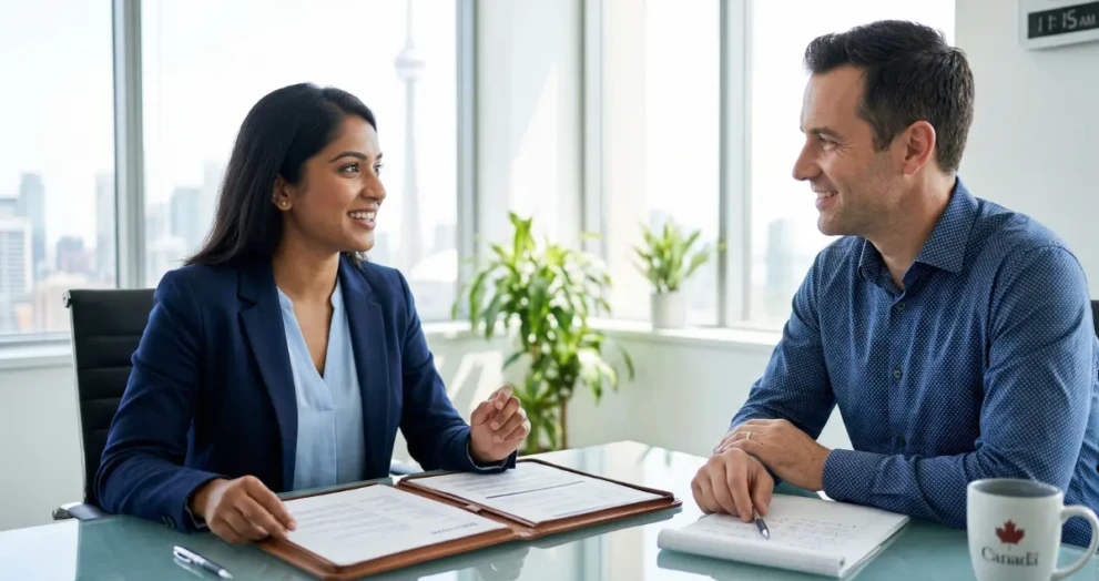 A confident candidate answering Canadian job interview questions in a modern office setting.