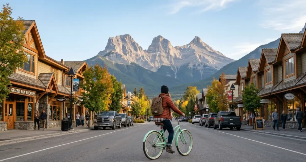 A solitary cyclist rides down the charming, tree-lined main street of Canmore, Alberta, with the massive Three Sisters mountain peaks of the Canadian Rockies dominating the background under a clear sky, illustrating a quieter Rocky Mountain experience.