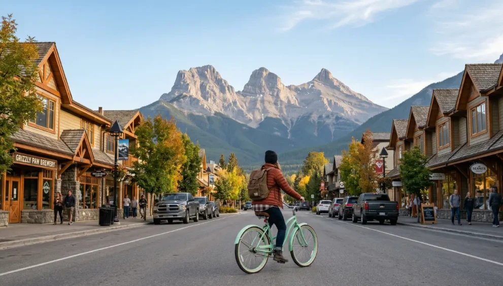 A solitary cyclist rides down the charming, tree-lined main street of Canmore, Alberta, with the massive Three Sisters mountain peaks of the Canadian Rockies dominating the background under a clear sky, illustrating a quieter Rocky Mountain experience.