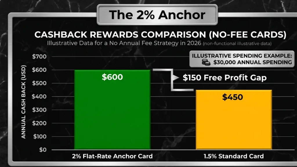Infographic bar chart comparing the annual 'Free Profit' cash back gap ($150) between a 2% flat-rate anchor card ($600) and a 1.5% standard card ($450) with non-functional illustrative data for a no annual fee strategy in 2026.