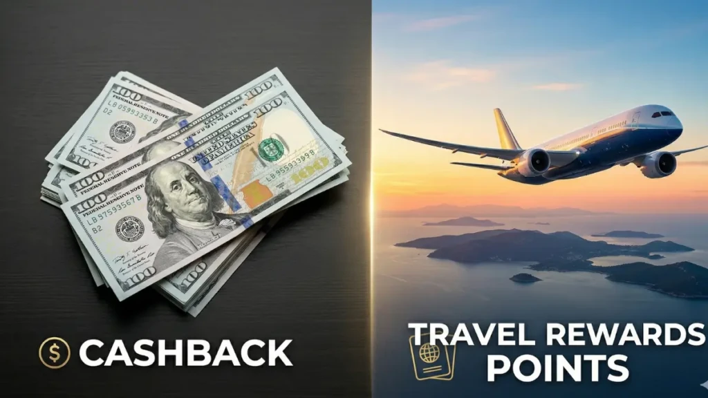 A visual comparison between cashback returns and luxury travel rewards points for credit card users.