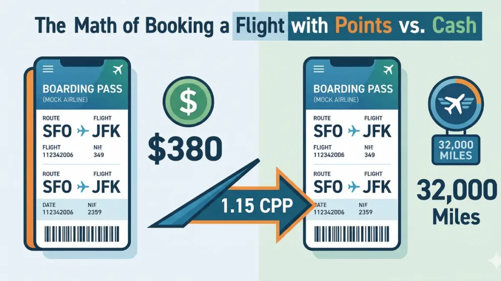 An infographic showing the math breakdown of an airline ticket costing cash versus credit card points.