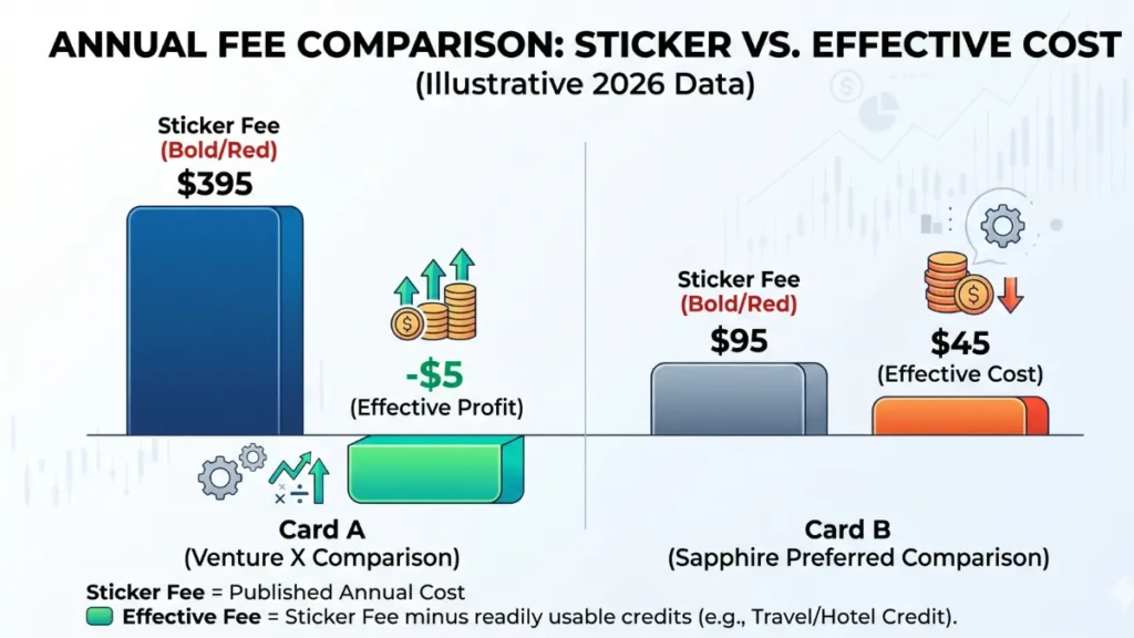 Infographic comparing the effective annual fee of Venture X and Sapphire Preferred.