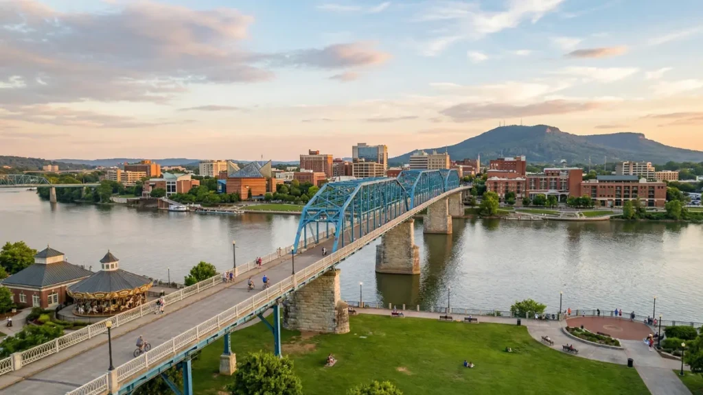 Downtown Chattanooga, Tennessee, a top city for digital nomads due to its gigabit internet speeds.