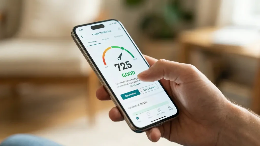  A beginner using a mobile app to monitor their credit score progress.