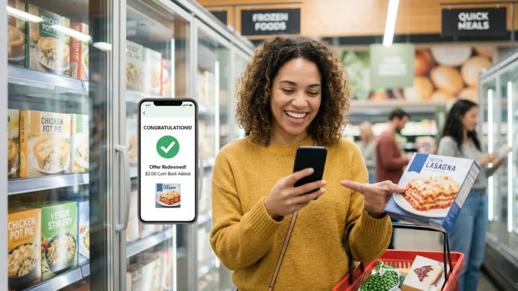 Shopper checking their phone for cash back grocery app offers while in the supermarket in canada.