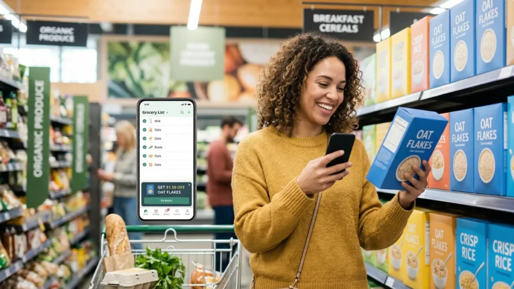 Shopper checking their phone for cash back grocery app offers while in the supermarket aisle.