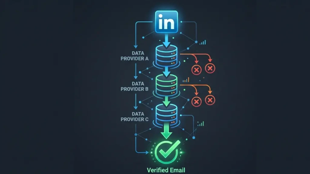 Infographic demonstrating how waterfall enrichment maximizes B2B email scraping match rates.