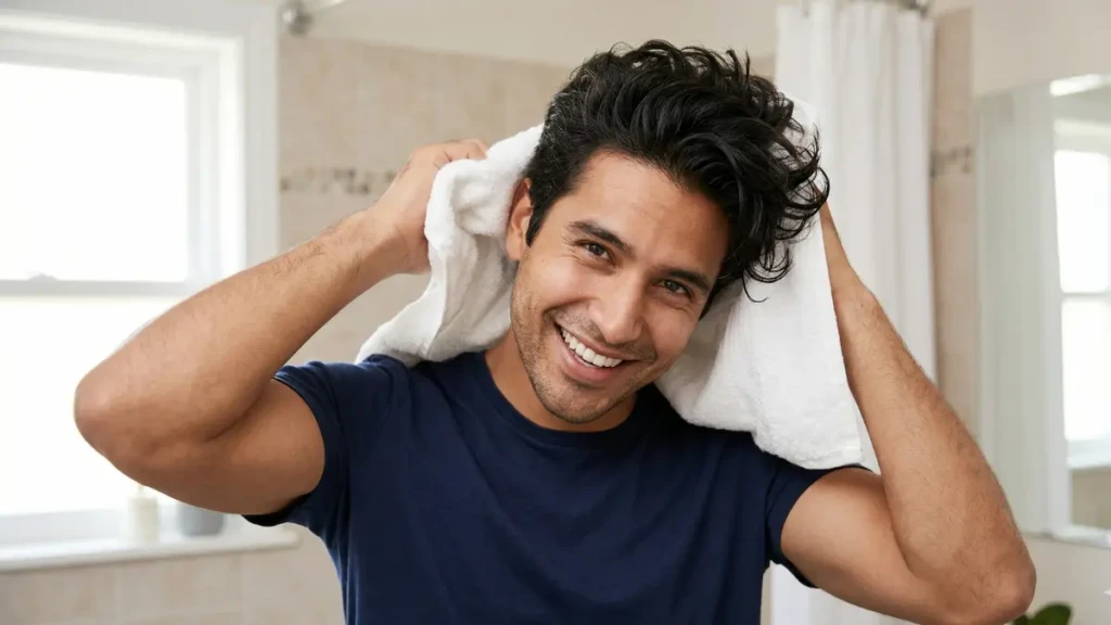  A confident person with a healthy, flake-free scalp and no dandruff on their dark clothing.