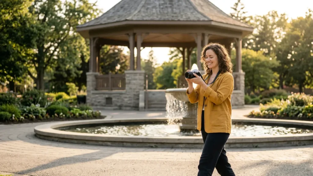 A thoughtful woman in practical travel wear stands on Cobourg's weathered boardwalk during golden hour, looking out over natural Victoria Beach towards the landmark Victoria Hall clock tower and red-and-white lighthouse, illustrating an affordable Canadian beach town getaway.