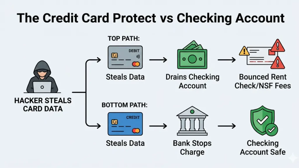Infographic explaining how a credit card acts as a financial firewall to protect your checking account.