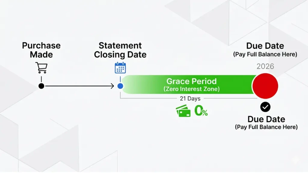 Infographic explaining the credit card grace period to avoid paying interest charges.