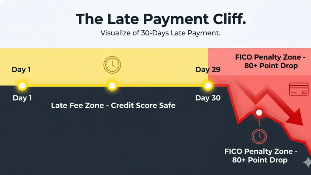 Infographic showing the timeline of credit score damage from a 30-day late payment.