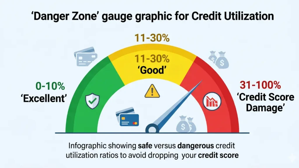 Infographic showing safe versus dangerous credit utilization ratios to avoid dropping your credit score.
